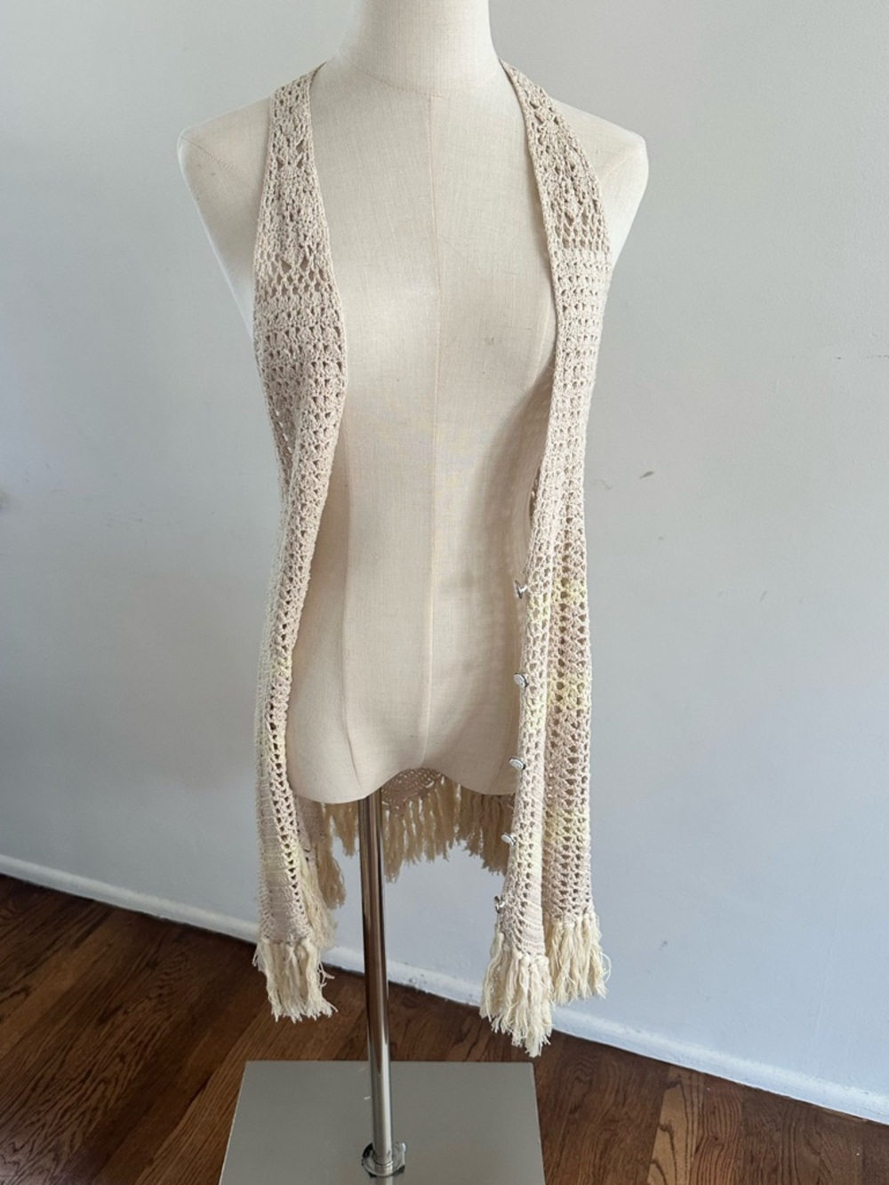 Free People NWOT FP Beach Crochet Fringe Vest Boho Duster Cardigan Beige